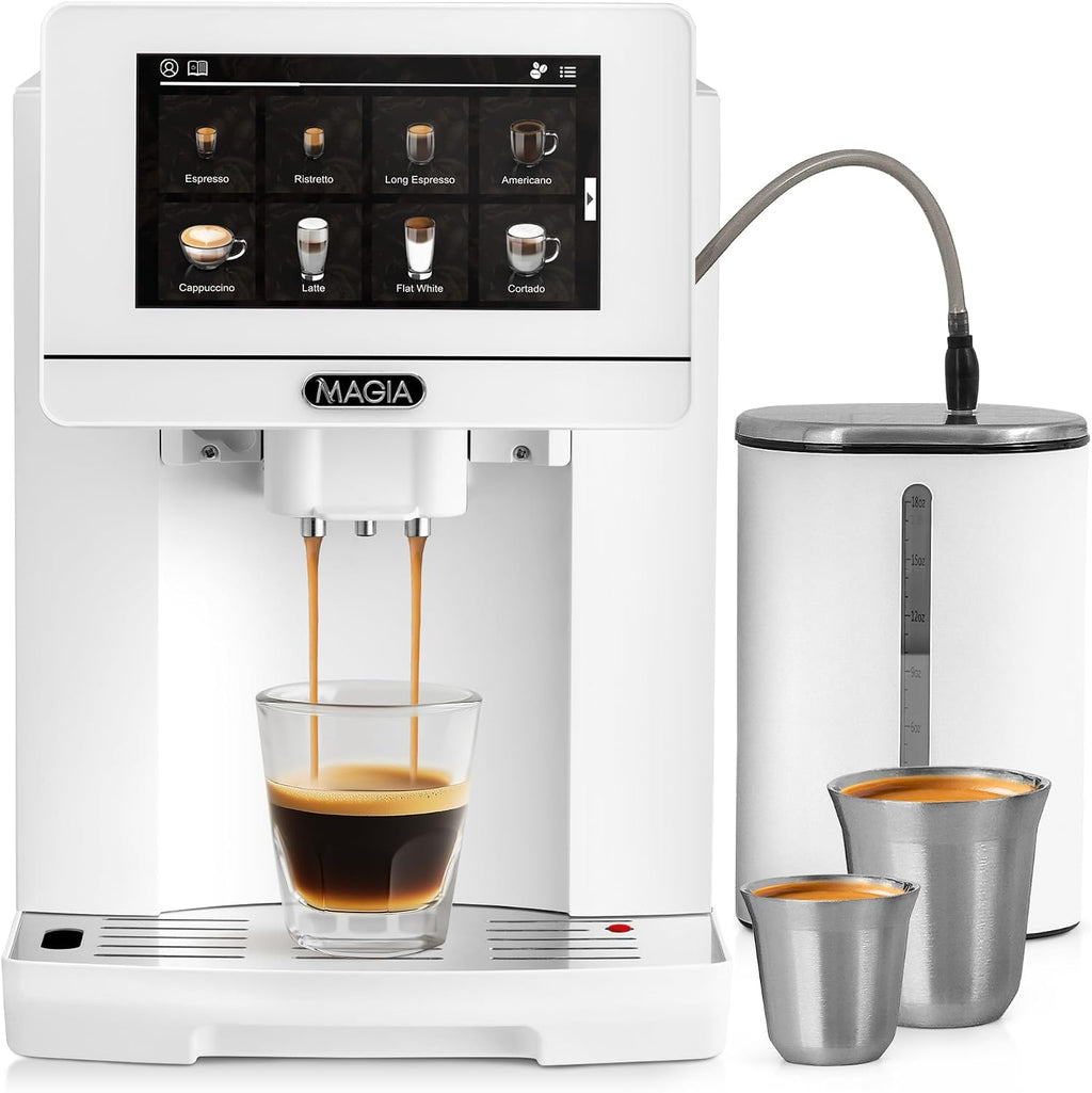Zulay Magia Super Automatic Espresso Maker Machine with Grinder - 19 Fully Customizable Coffee Options, Auto Cleaning, Milk Foam System - for Latte, Cappuccino - Ultra LUX - White (13.7x17.7x9.4)