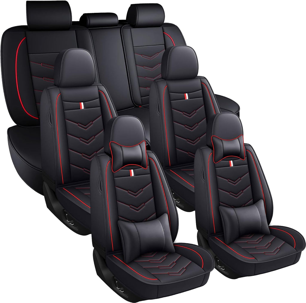 Car Seat Covers 7 Seats for Ford Expedition 2005-2025, Waterproof Durable Leather Vehicle Cushion Covers, Breathable Full Coverage Seat Protector(Luxury,Black Red)