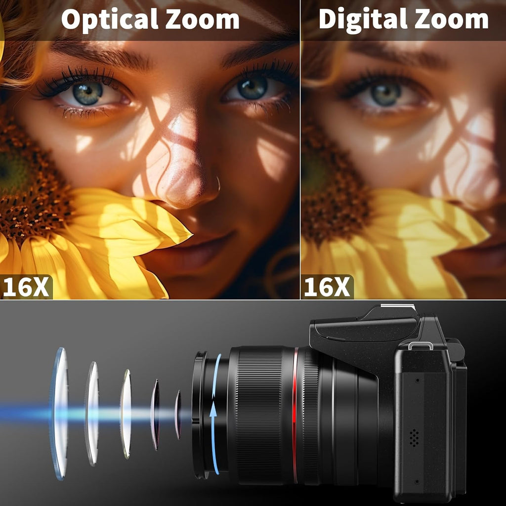 NBD 64MP Digital Cameras for Photography,5K Vlogging Cameras for YouTube,16X Optical Zoom Travel Point and Shoot Digital Cameras Fotograficas with 180°Flip Screen,58mm UV Lens,2 Batteries（Black）