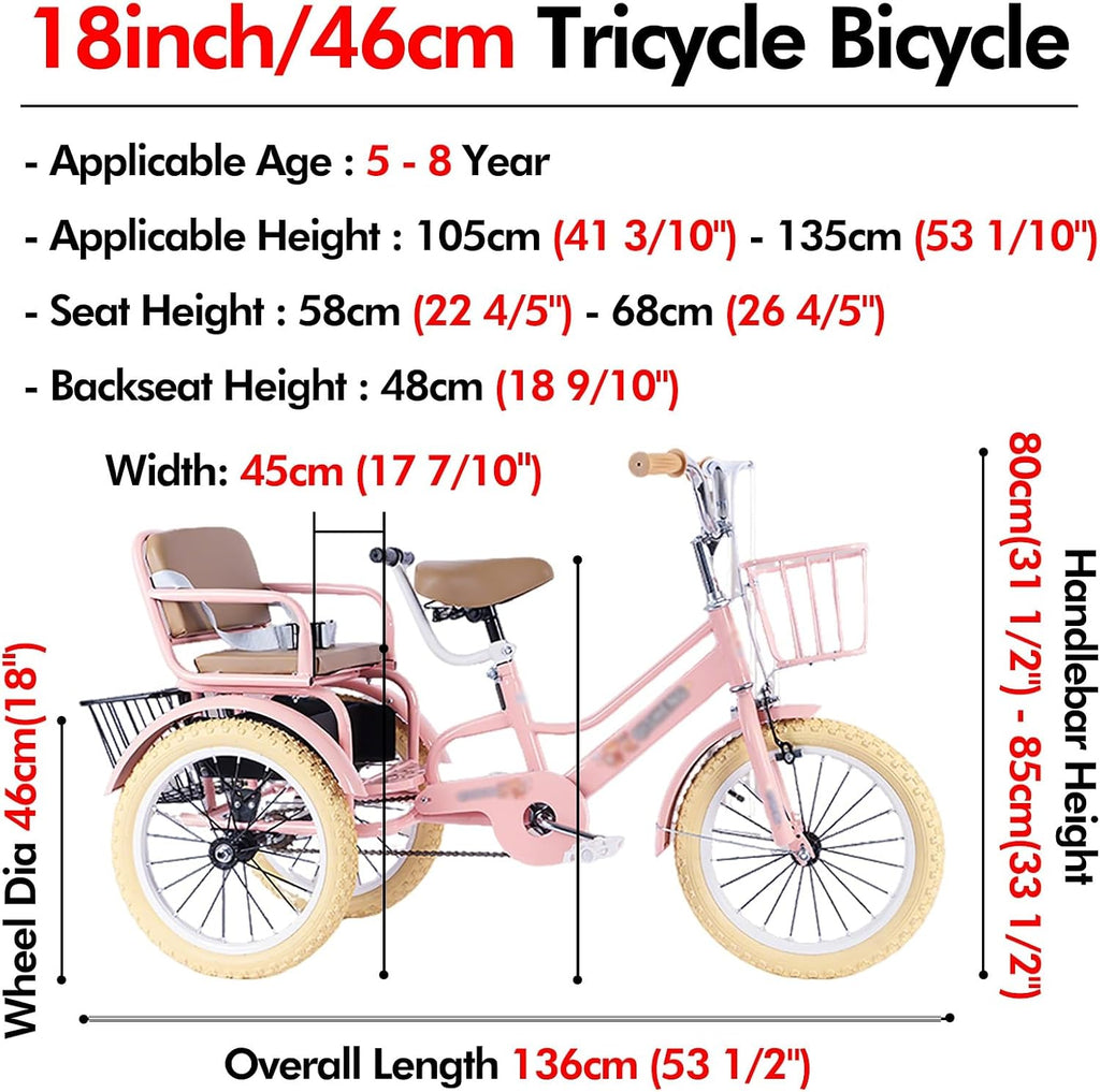 SRNSAEB Pink Gray Green Yellow 3-Wheel Bikes Carrying Passengers, Three Wheel Cruiser Bike Two-Seater Children Tricycle, Double Twins Toy Bicycle with Adjustable Height Seats & Handle(Pink,18in)