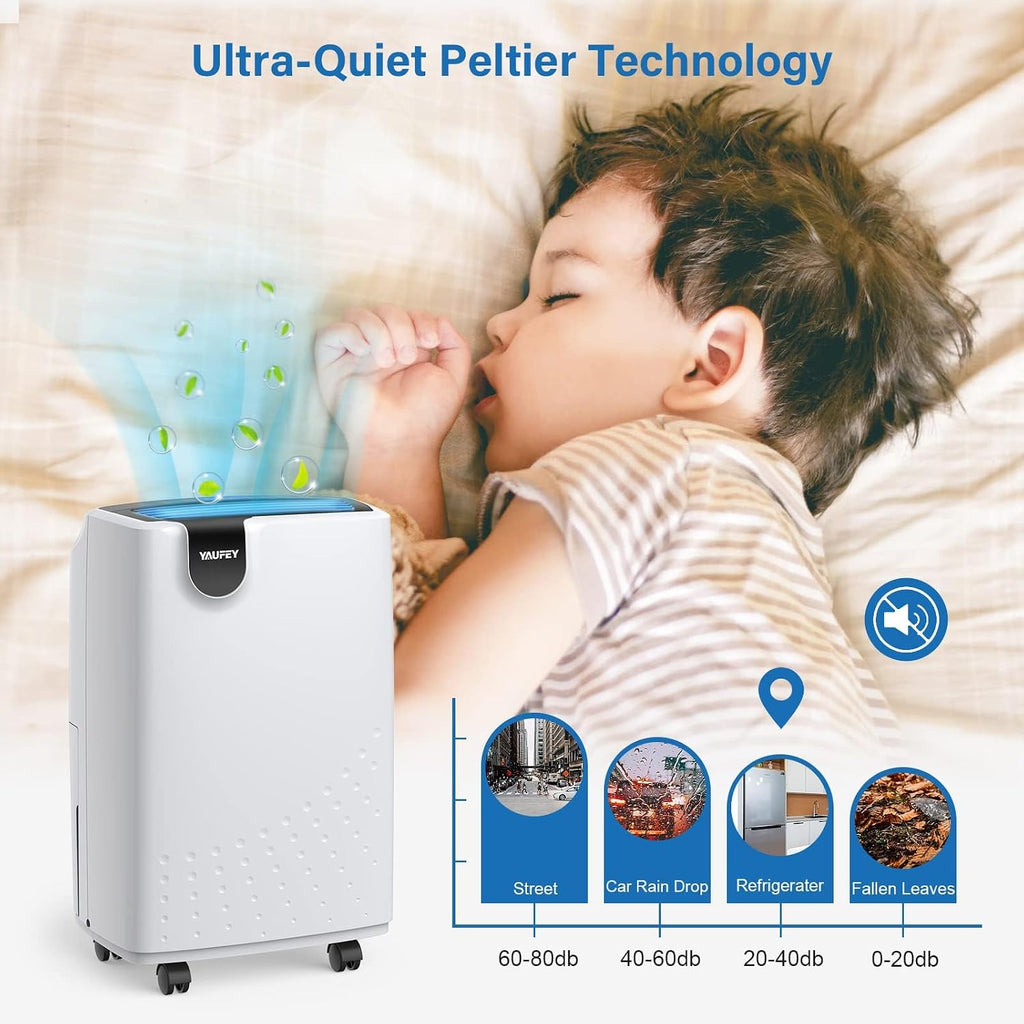 Yaufey 2500 Sq. Ft Dehumidifier for Home and Basements with Auto or Manual Drainage, 0.48 Gallon Water Tank Capacity -Low Noise and 24 Hr Timer