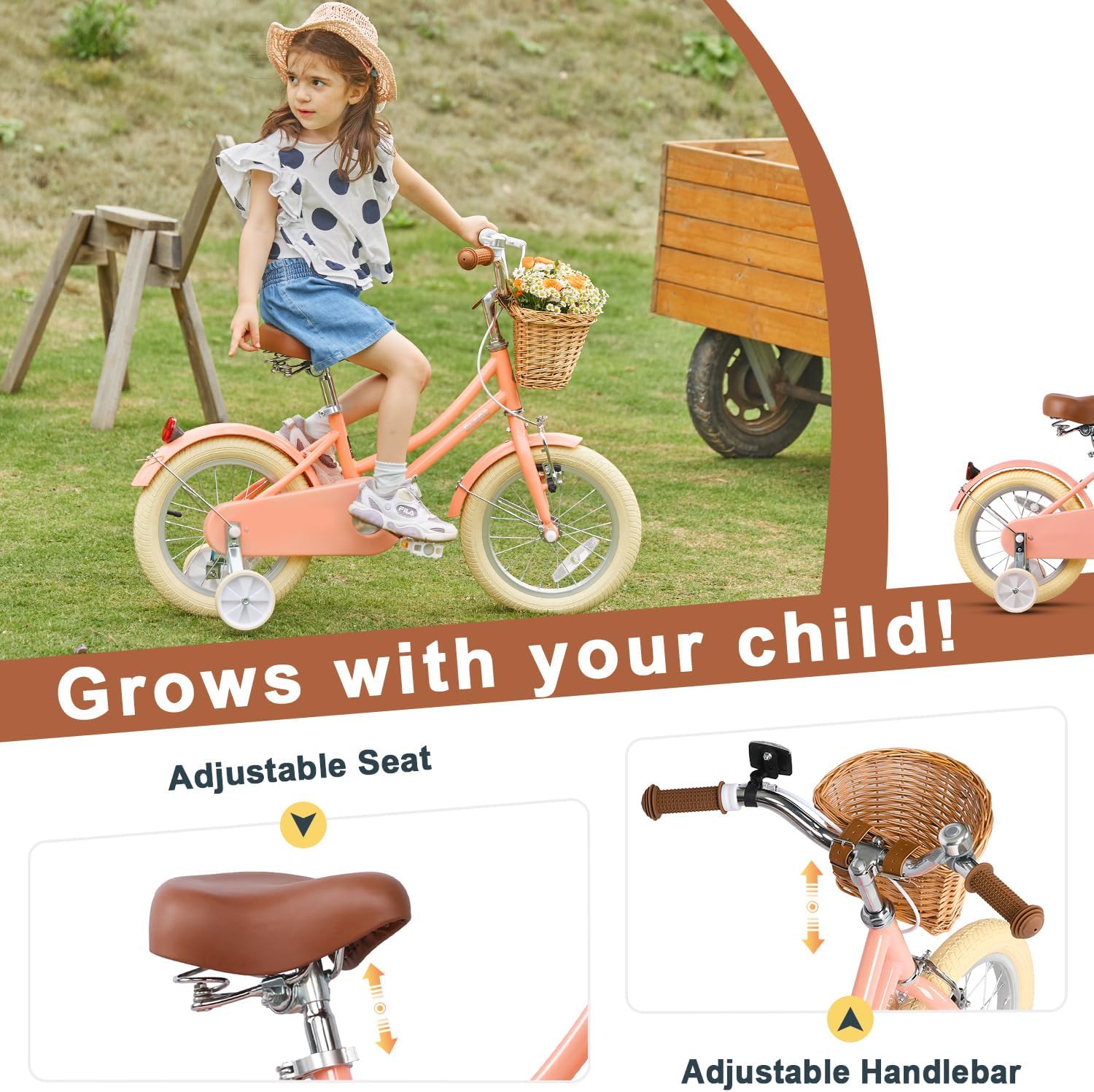 Glerc Little Molly 12-20 Inch Kids Retro Cruiser Bike for 2-13 Year Old with Wicker Basket & Training Wheels/Kickstand, Multiple Colors