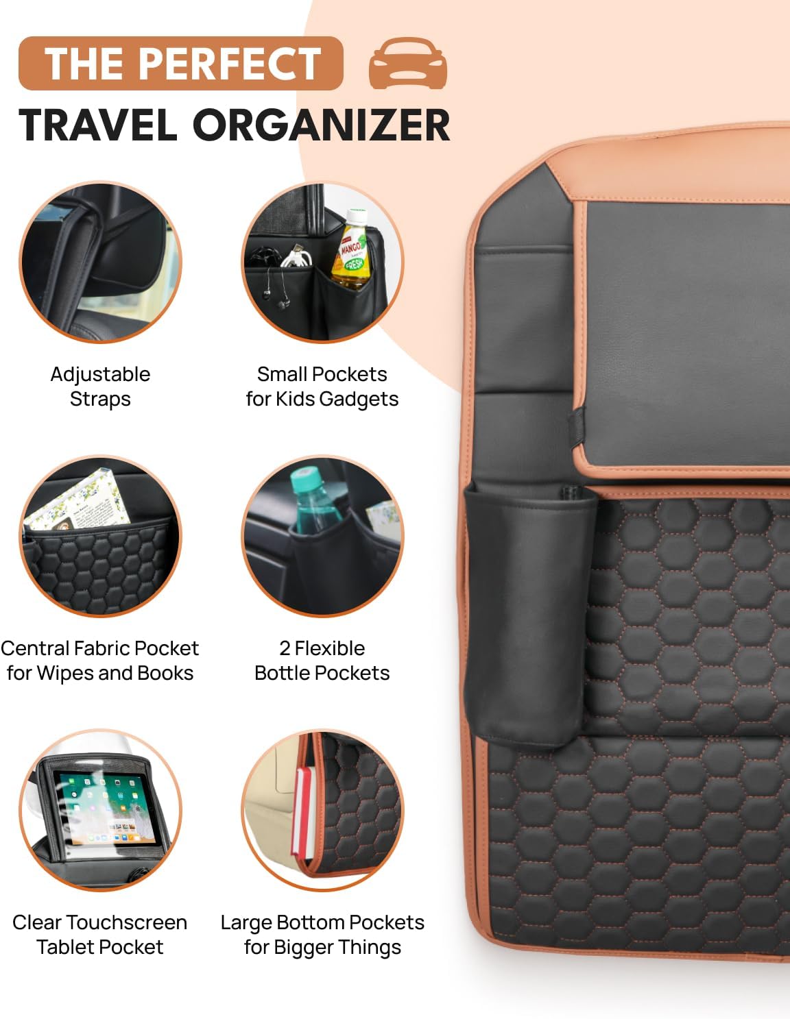 Owleys Set Car Seat Organizer Backseat Back Organizers & Seat Protector Kick Mat Back Of Seat Protector Automotive Organizer Seatback Toy Organization For Kids Behind Black Brown Tan