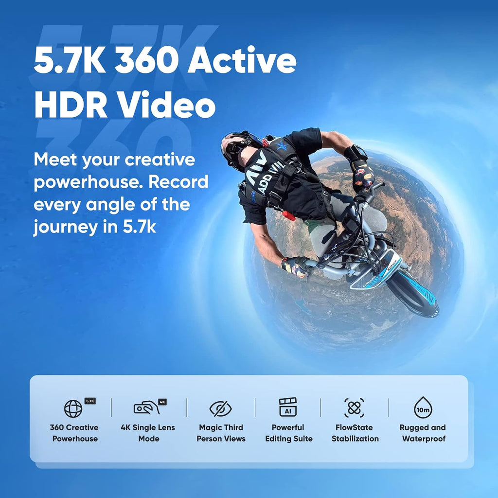 Insta360 X3 Motorcycle Bundle - Waterproof 360 Camera with 1/2' 48MP Sensors, 5.7K 360 Active HDR Video, 72MP 360 Photo, 4K Single-Lens, 60fps Me Mode, Stabilization