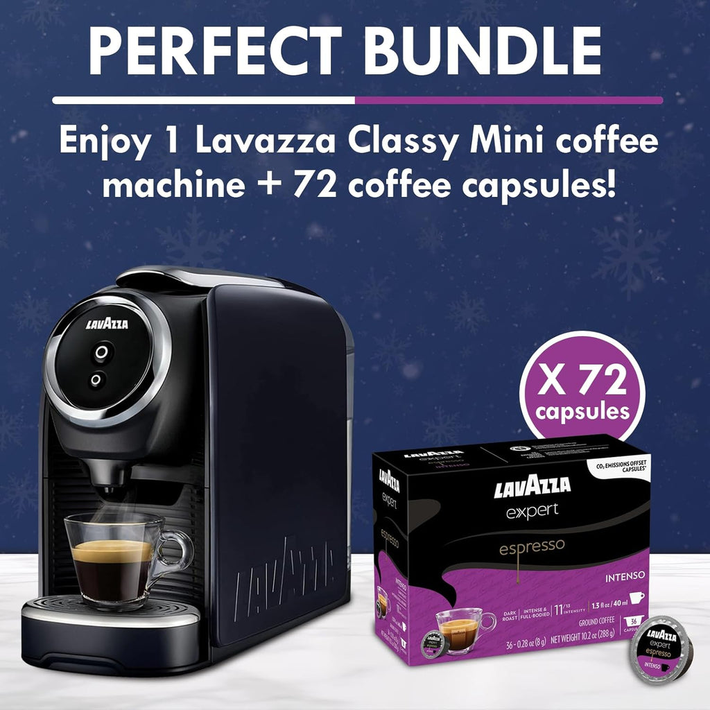 Lavazza Classy Mini Espresso Coffee Machine – 72 Count Intenso Capsules – Compact Single-Serve Brewer Compatible BLUE & Expert Pods