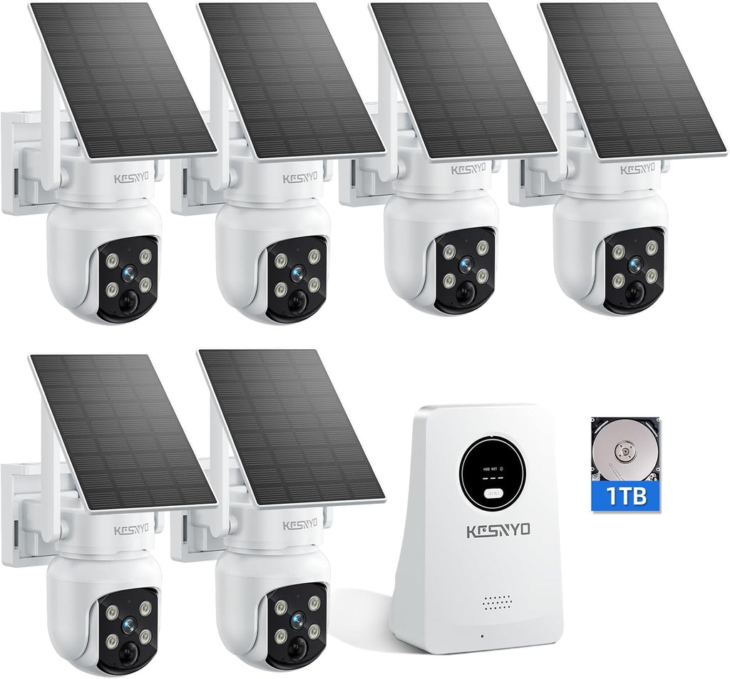 Solar Security Cameras Wireless Outdoor, 4MP Solar Powered, 6 Cam kit, Color Night Vision, 360° PTZ, 1TB HDD Local Recording, No Monthly Fees