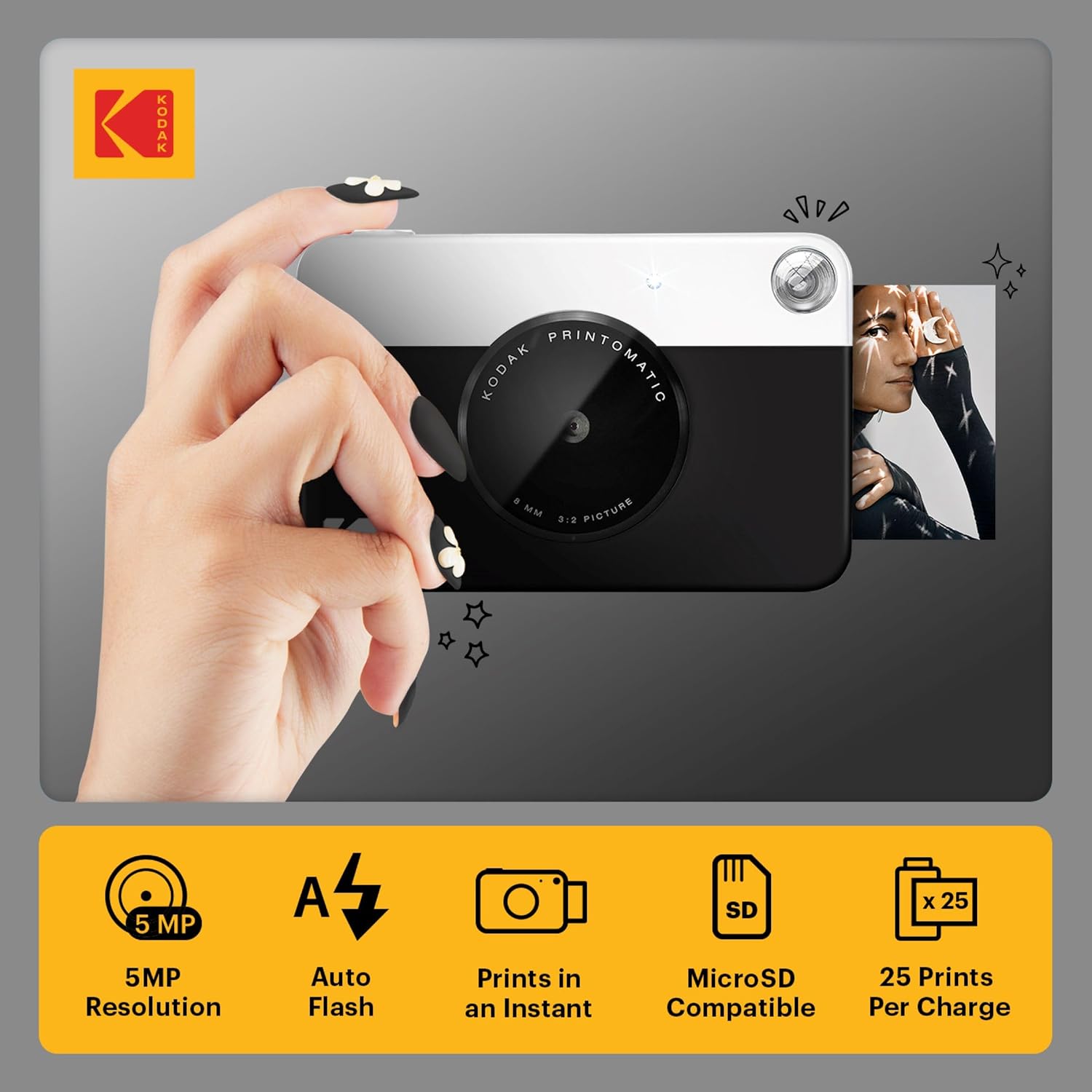 KODAK Printomatic Full-Color Instant Print Digital Camera Colorful Photos On Zink 2x3' Sticky-Back Photo Paper 5MP Gift Bundle: Case + Zink 2x3' 20pk + Album + Stickers + Frames + Markers - Black