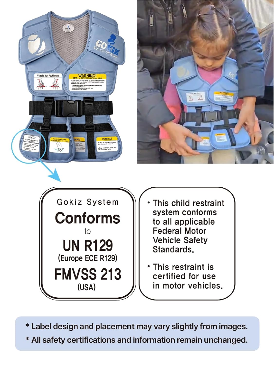801 Child Restraint Vest – Lightweight Portable Car Seat Belt Positioner, Travel Safety Harness (Ages 3–6, Light Blue)