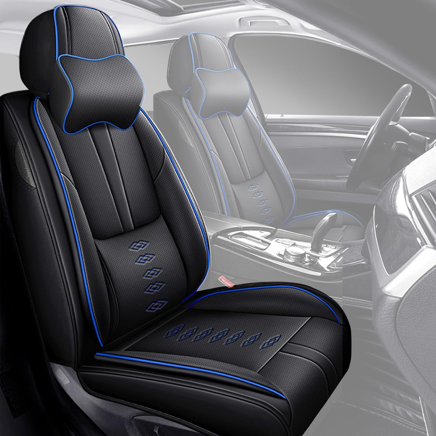 Front Set Car Seat Covers for Chevy Equinox 2005-2025 2026 Leather Seat Covers Waterproof Only Front Seats Car Seat Protectors Breathable Seat Cover Black&Blue(with 2 Pillows)