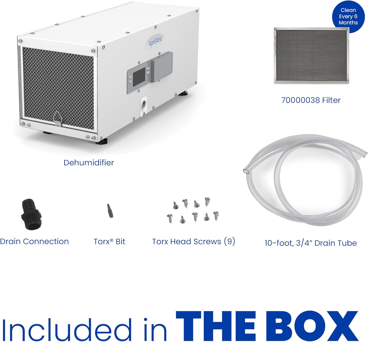 AprilAire E050PZ 50-Pint Professional-Grade, Whole-House Dehumidifier with drain hose for up to 1,600 Sq. Ft. with S86WMUPR Wi-Fi Thermostat, Drain Hose, Condensate Pump, Bracket, and Hanging Kit