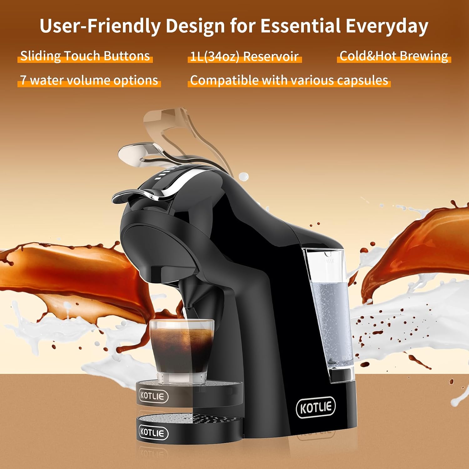 KOTLIE Espresso 5in1 Single Serve Coffee Maker, 19Bar Cappuccino&Latte Maker, Cold&Hot Brewing Coffee Machine for K*cup/NES*presso Original/D*olce G*usto/Ground Coffee/44mm ESE(Black)