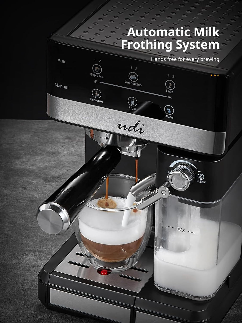 UDI Espresso Machine, 20 Bar Automatic Cappuccino & Latte Coffee Maker, Auto or Manual Quick Brew Dual Boiler, Touchscreen Espresso Maker (Black+Sliver)