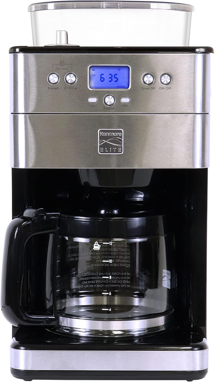 Kenmore Elite Grind and Brew Coffee Maker w/ Burr Grinder, 12 Cup Programmable Automatic Timer Brew Coffee Machine, Air-Tight Bean Hopper, Grind Size and Brew Strength Selectors, Stainless Steel