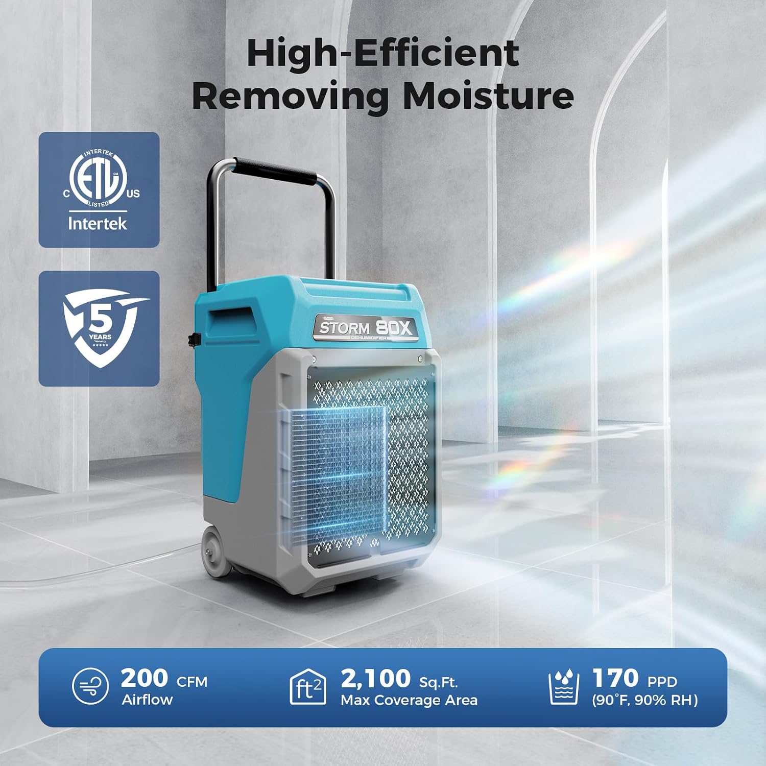 ALORAIR 170 PPD Commercial Dehumidifier with Pump & Drain Hose, LGR Industrial Use, Portable Dehumidifier with Wheels for Water Damage Restore, Carpet Drying, Storm 80X (Blue)