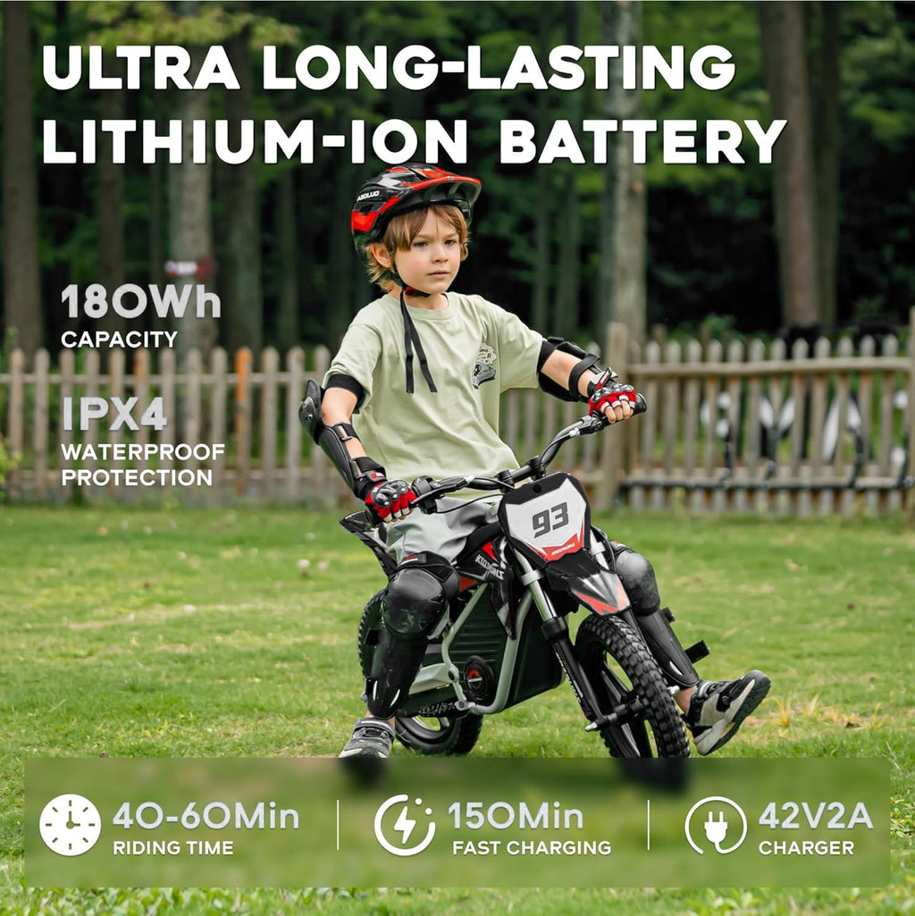 AIII 36V Electric Dirt Bike for Kids 4-8, High Performance 350W Racing Grade Motorcycle, Up to 18.6MPH, 3 Speed Settings, 14-Inch Off-Road Tires, Dual Disc Brakes & Advanced Shock Absorption, Black