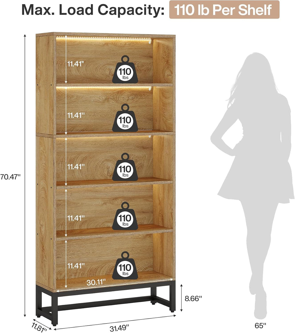 Tribesigns Tall Bookcase and Bookshelf, 70.8' Large Bookcases Organizer with LED Lights, Heavy Duty Free-Standing Library Bookshelf with 5-Tier Storage Shelves for Living Room, Bedroom (Brown)