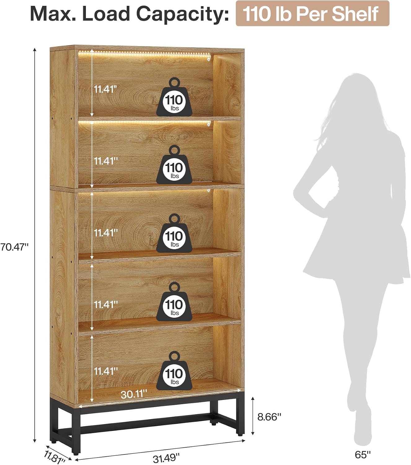 Tribesigns Tall Bookcase and Bookshelf, 70.8' Large Bookcases Organizer with LED Lights, Heavy Duty Free-Standing Library Bookshelf with 5-Tier Storage Shelves for Living Room, Bedroom (Brown)
