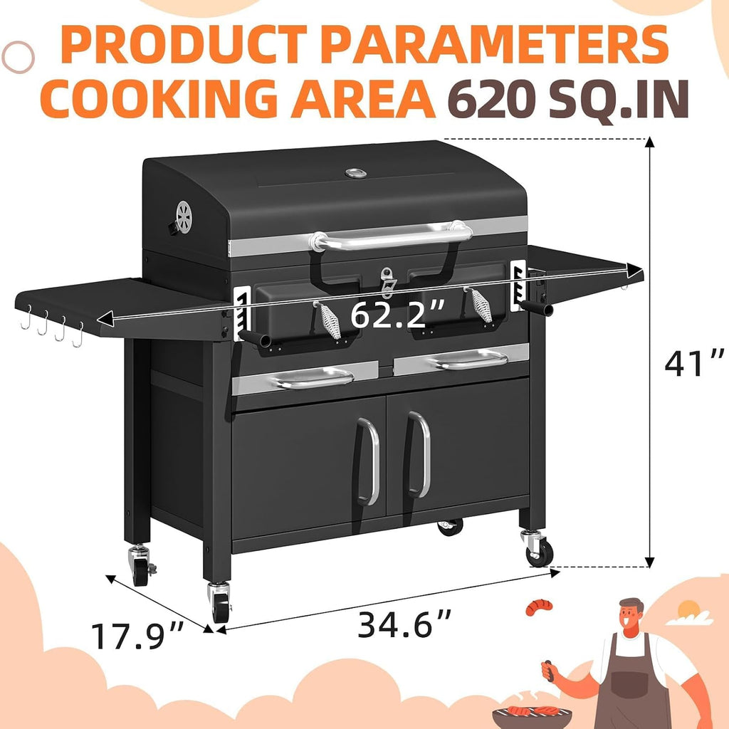 MELLCOM Charcoal Grills, 36 In Large BBQ Grill with Storage Cabinet, 620 Sq.In Oversized BBQ Area, Individual Lifting Charcoal Trays, Foldable Side Tables and Thermometer for Patio, Outdoor, Balcony