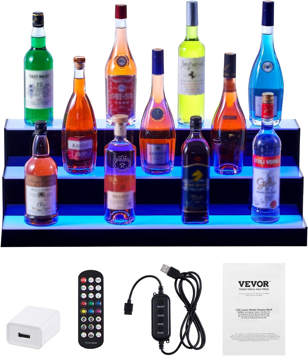 VEVOR LED Lighted Liquor Bottle Display, 3 Tiers 30 Inches, Supports USB, Illuminated Home Bar Shelf with RF Remote & App Control 7 Static Colors 1-4 H Timing, Acrylic Lighted Shelf for 24 Bottles