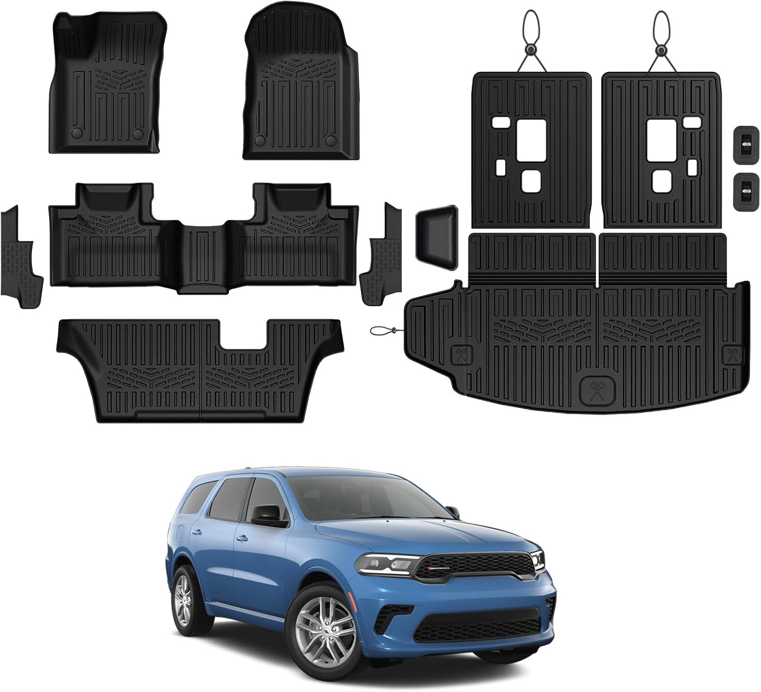 Floor Mats Set for 2016-2026 Dodge Durango (Only for 7 Seats with Bench Seats), All Weather TPE Backrest Mat Trunk Mat Cargo Liner Door Sill Guards Accessories (7 Seats Floor Mats Set)