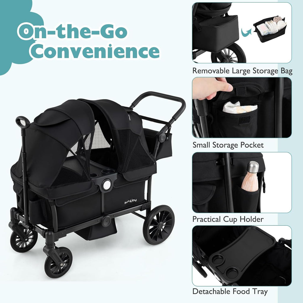 BABY JOY Wagon Stroller for 2 Kids, Collapsible Push Pull Double Stroller Wagon with Adjustable Handle Bar, Removable Canopy, Safety Harness, Cup Holder, Snack Tray & Storage Bag (Black)