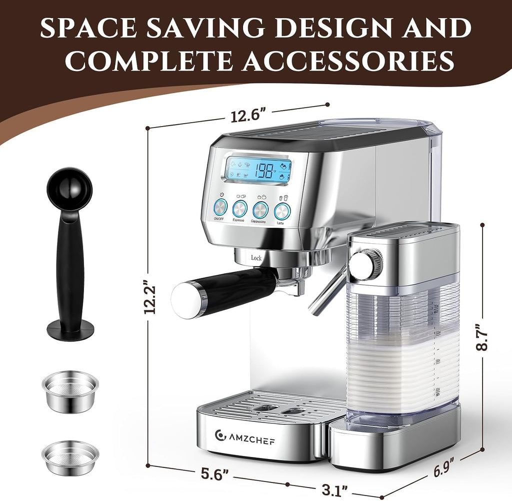 AMZCHEF Espresso Machine with LCD Display, 20 Bar Cappuccino Machines with Automatic Milk Frother for Home Gifts, Latte Coffee Maker with Dual Wall & Filters, Stainless Steel Style sliver
