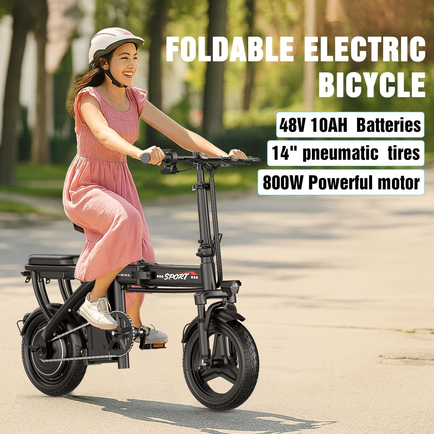 ASKGO Electric Bike for Adults Teens, 800/1200W Peak Folding Ebike, 22/25MPH & 30/45 Miles Range, Dual Suspension & Dual Brake, 3-Speed Modes, 14' Portable Electric Mini Bike, Commuting Ebike