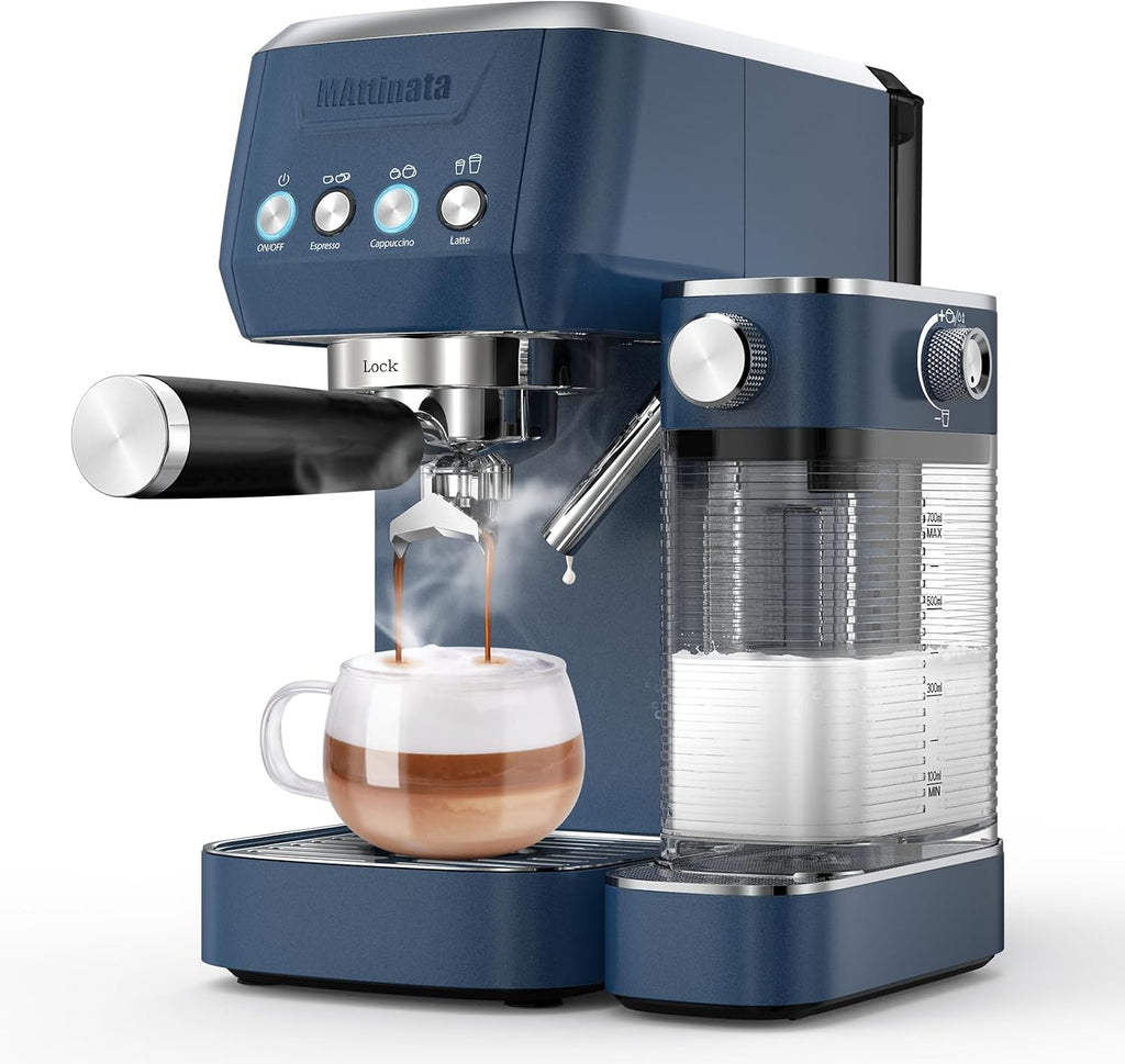 MAttinata Cappuccino Machine 20 Bar, Professional Espresso Machines for Home and Office with Automatic Milk Frothering System, Barista Compact Latte Maker for Coffee Lovers, Stainless Steel-Blue