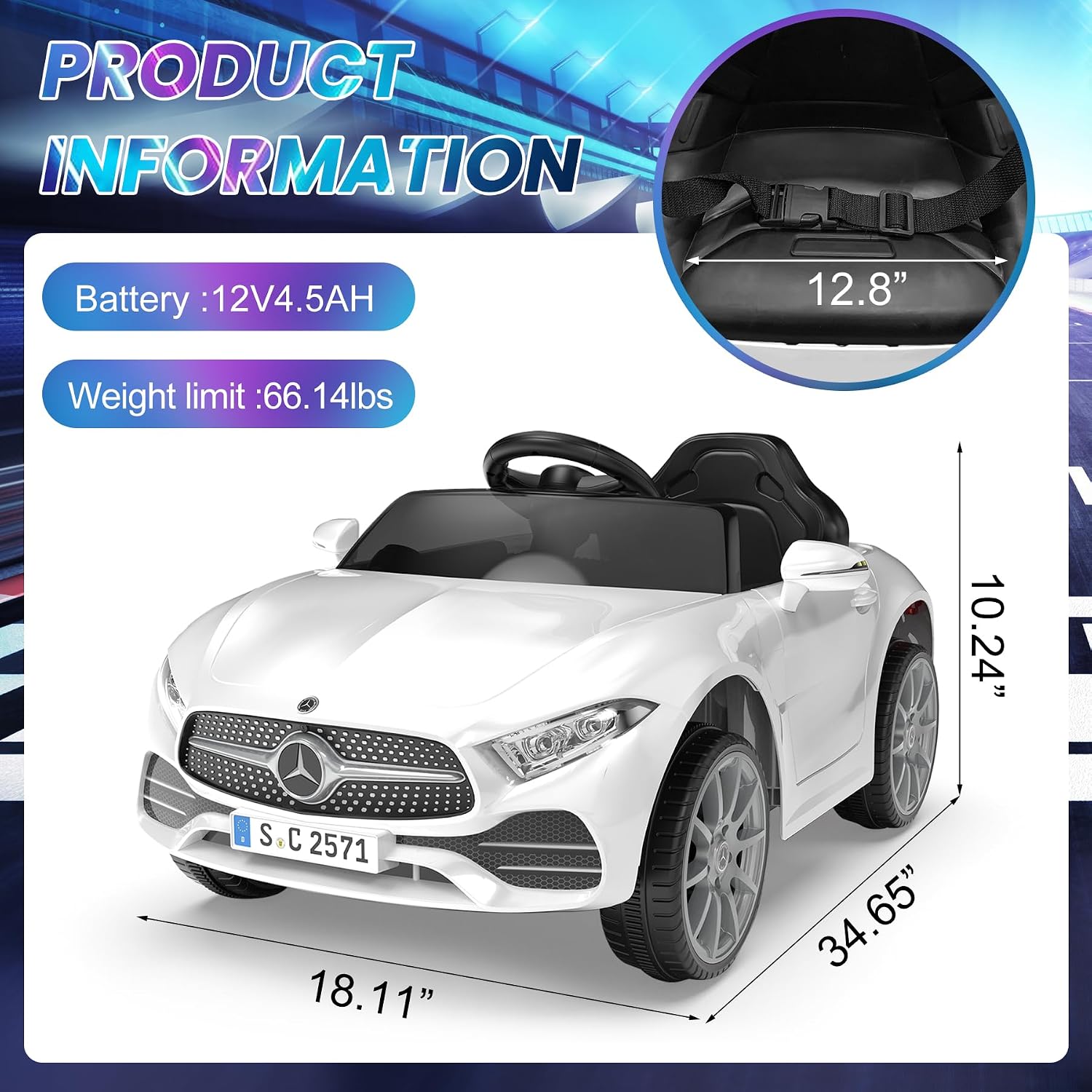 12V Kids Ride On Car with 2.4G Remote Control,Battery Powered Electric Car Ride On Vehicle Double Doors, Safety Belt,LED Light (SC-White)