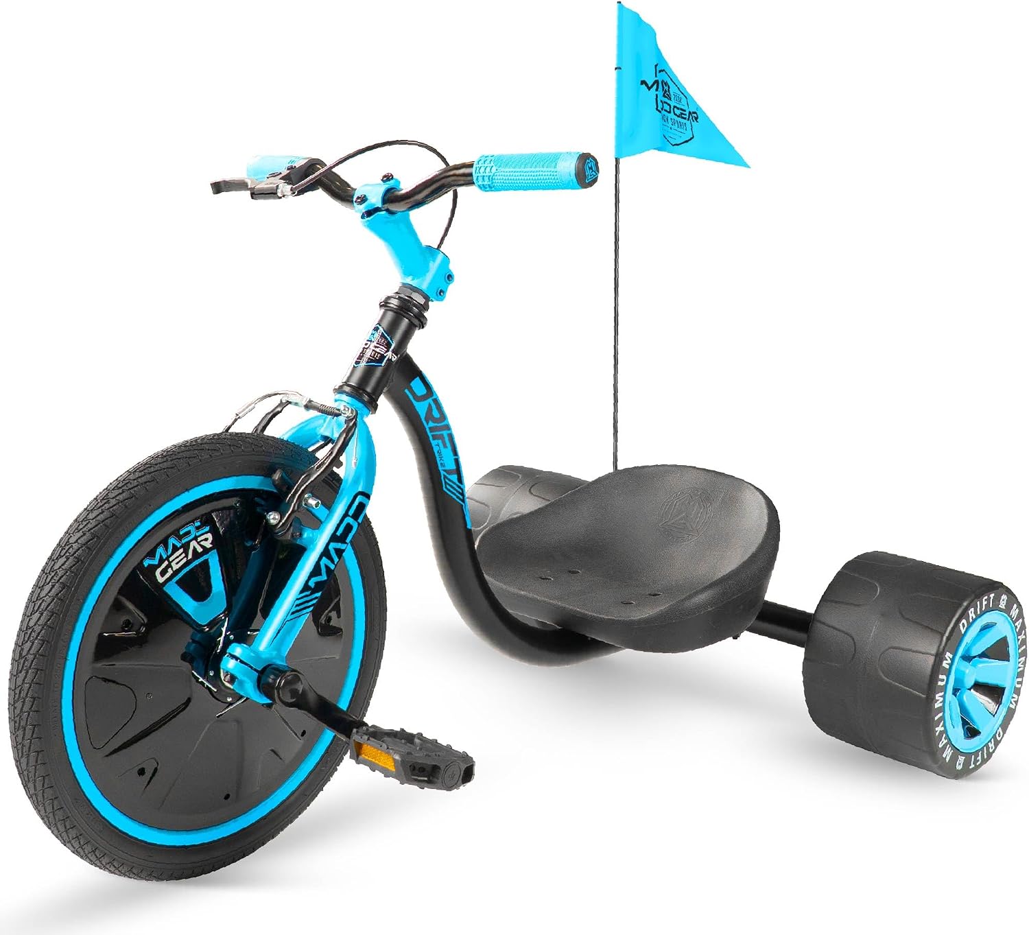 Drift Trike for Kids Ages 5+ – 16' Front Wheel Ride-On with Adjustable Seat, Steel Frame, Rear Slick Drift Wheels & Safety Flag – Madd Gear - (Black Blue)