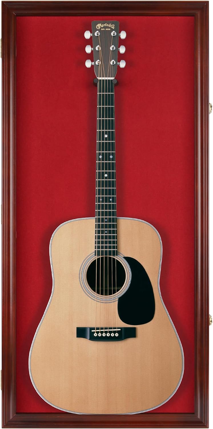 DisplayGifts 45' Acoustic Guitar Display Case Cabinet Wall Mountable Guitar Case Frame Fits Most Guitars 98% UV Protection Red Felt Interior Mahogany Finish