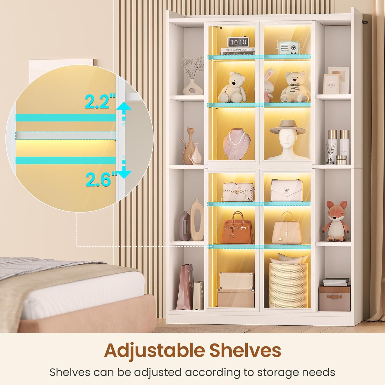 SEDETA 71' Display Cabinet with Acrylic Glass Doors, 6 Tier Curio Cabinet with LED Lights, Tall Bookcase with Adjustable Shelves, Display Cases for Collectibles, Bedroom, Living Room, Office, White