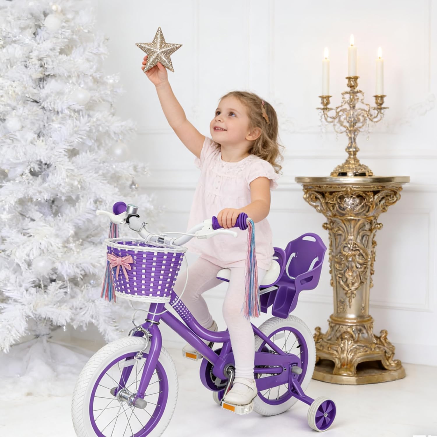 KORIMEFA Toddler Kids Bike for Ages 2-8 Years Girls with Doll Seat and Basket, 12 14 16 Inch Bicycle with Training Wheels, Little Small Princess Bicycle with Streamers