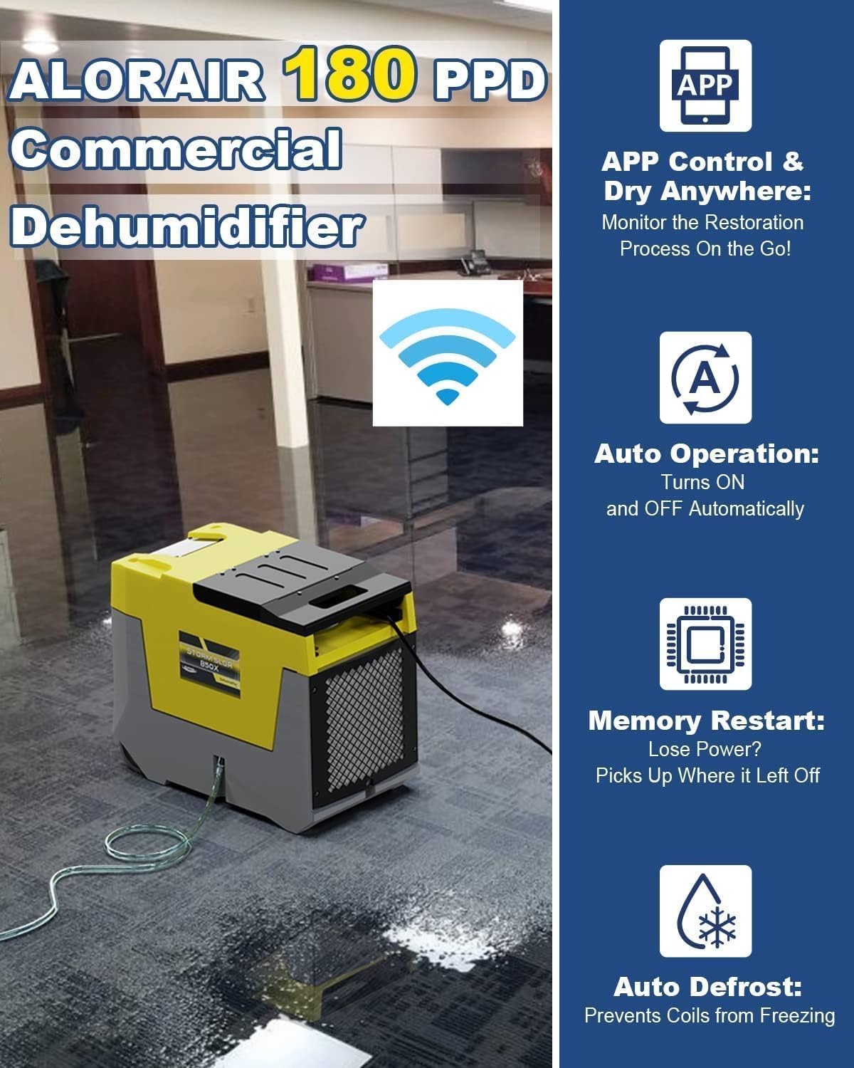 AlorAir 180 PPD LGR Commercial Dehumidifier with Pump, Heavy Duty Industrial Dehumidifiers Water Damage Restoration for Homes, Basements, Garages, Gym and Job Sites, Winter Storm (Yellow)