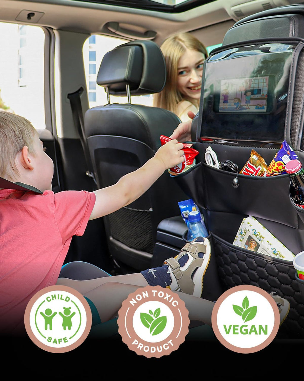 Owleys 2-in-1 Car Interior Set - Brown Eco Leather Seat Protector with Kick Guard + Kids Back Organizer with Tablet Pocket - Family Travel Gift