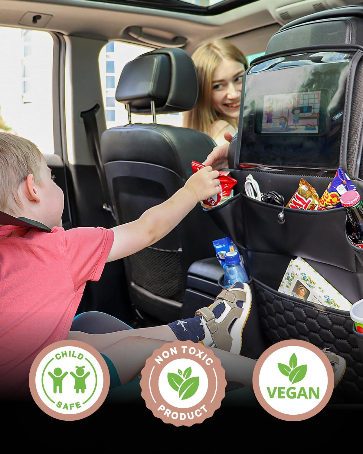 Owleys 2-in-1 Car Interior Set - Brown Eco Leather Seat Protector with Kick Guard + Kids Back Organizer with Tablet Pocket - Family Travel Gift
