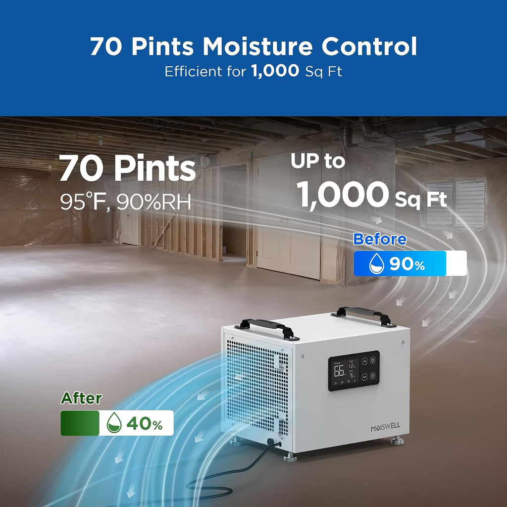 70 Pints Commercial Dehumidifier with Pump Portable Crawl Space Dehumidifier for Basement Energy Star Efficient Certified Compact Dehumidifiers for Home, Auto Defrost, Timer