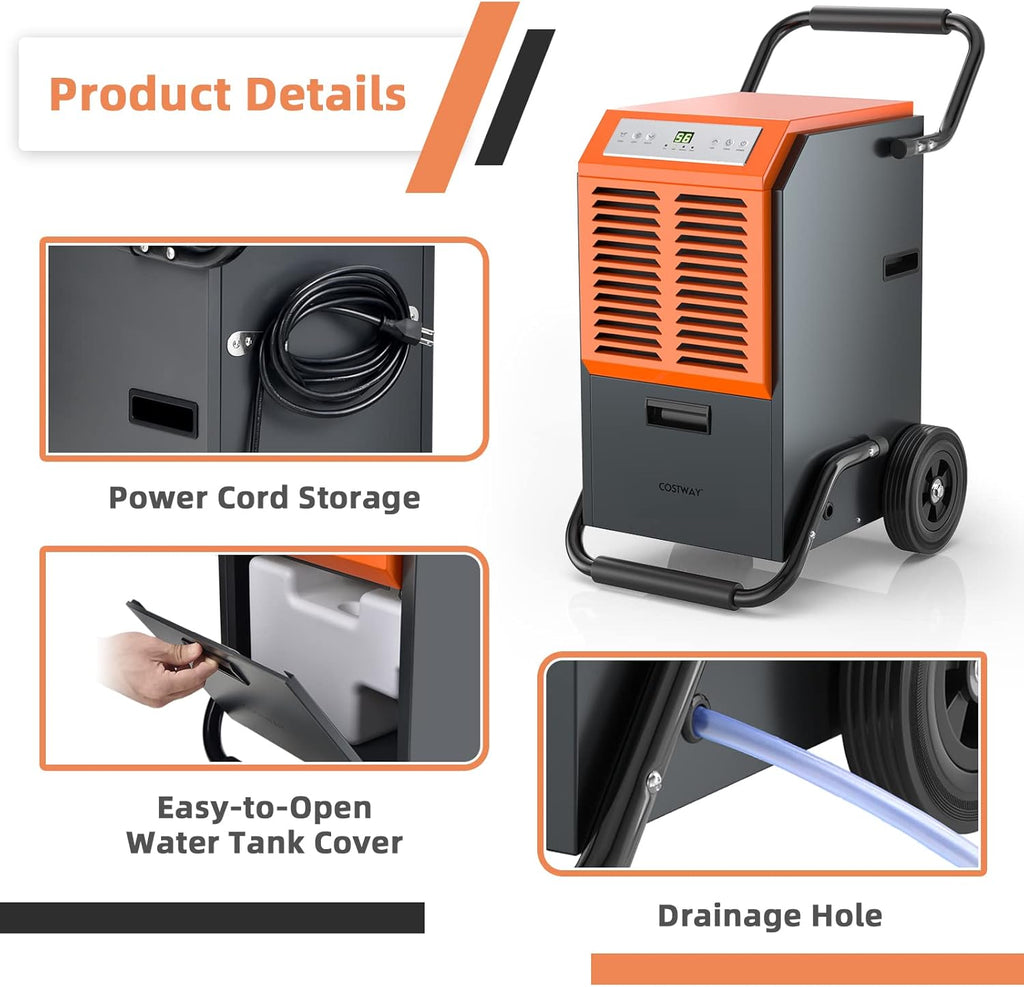 COSTWAY 163 Pints Commercial Dehumidifier, 4500 Sq.Ft Crawl Space Dehumidifier with Drain Hose, 24H Timer, for Basement, Warehouse, Job Site (Orange)