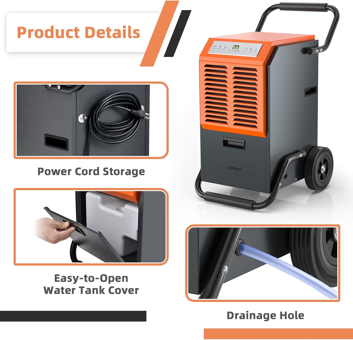 COSTWAY 163 Pints Commercial Dehumidifier, 4500 Sq.Ft Crawl Space Dehumidifier with Drain Hose, 24H Timer, for Basement, Warehouse, Job Site (Orange)