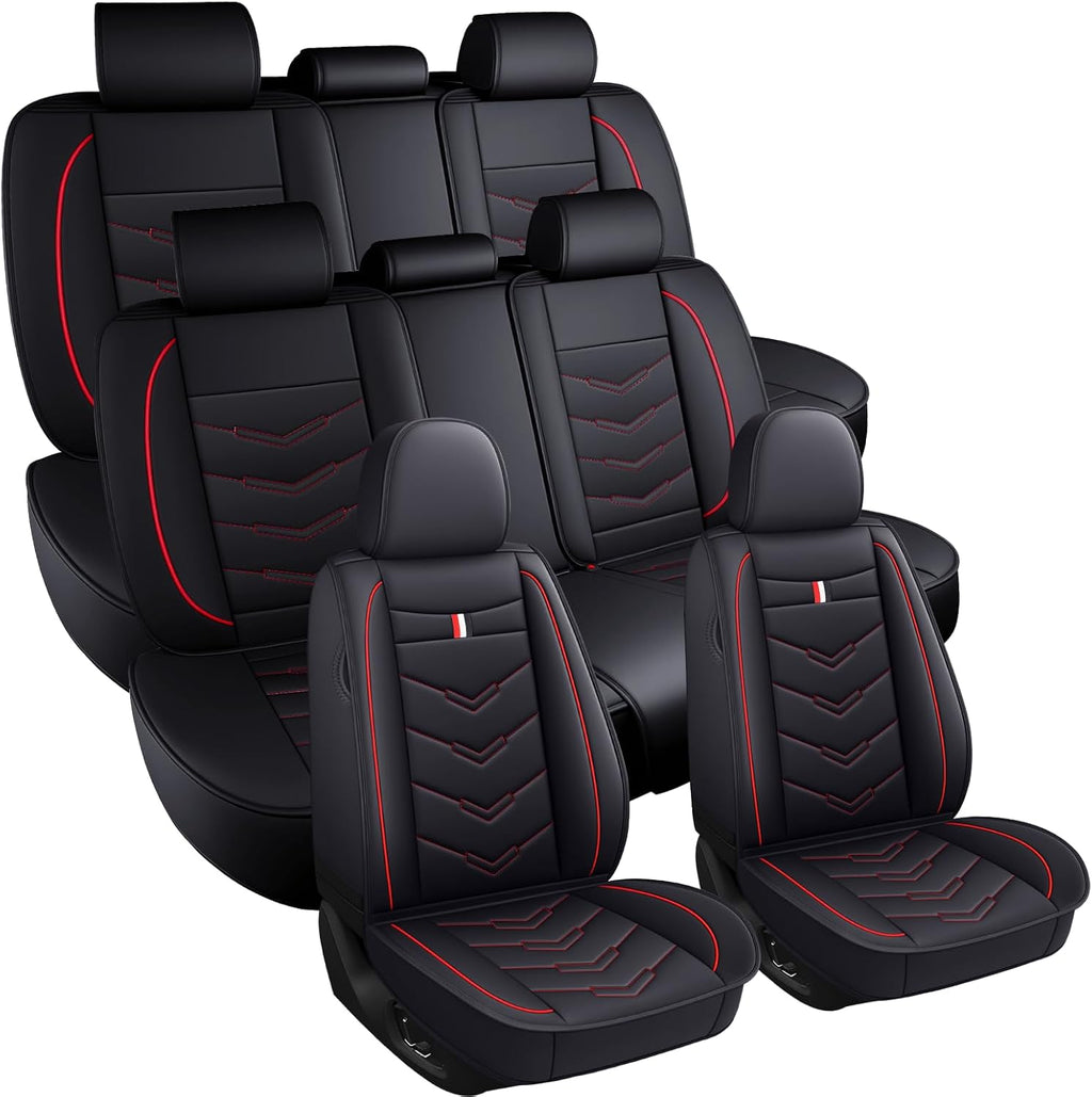 Car Seat Covers 8 Seats for Ford Expedition 2005-2025, Waterproof Durable Leather Vehicle Cushion Covers, Breathable Full Coverage Seat Protector(Standard,Black Red)