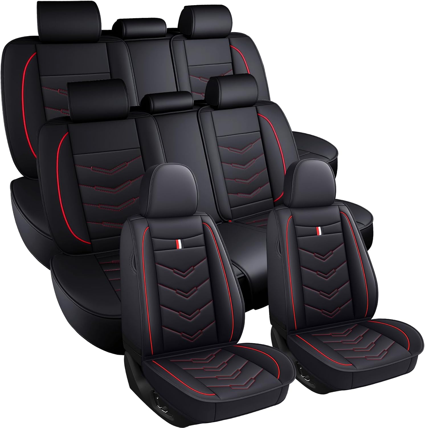 Car Seat Covers 8 Seats for Ford Expedition 2005-2025, Waterproof Durable Leather Vehicle Cushion Covers, Breathable Full Coverage Seat Protector(Standard,Black Red)