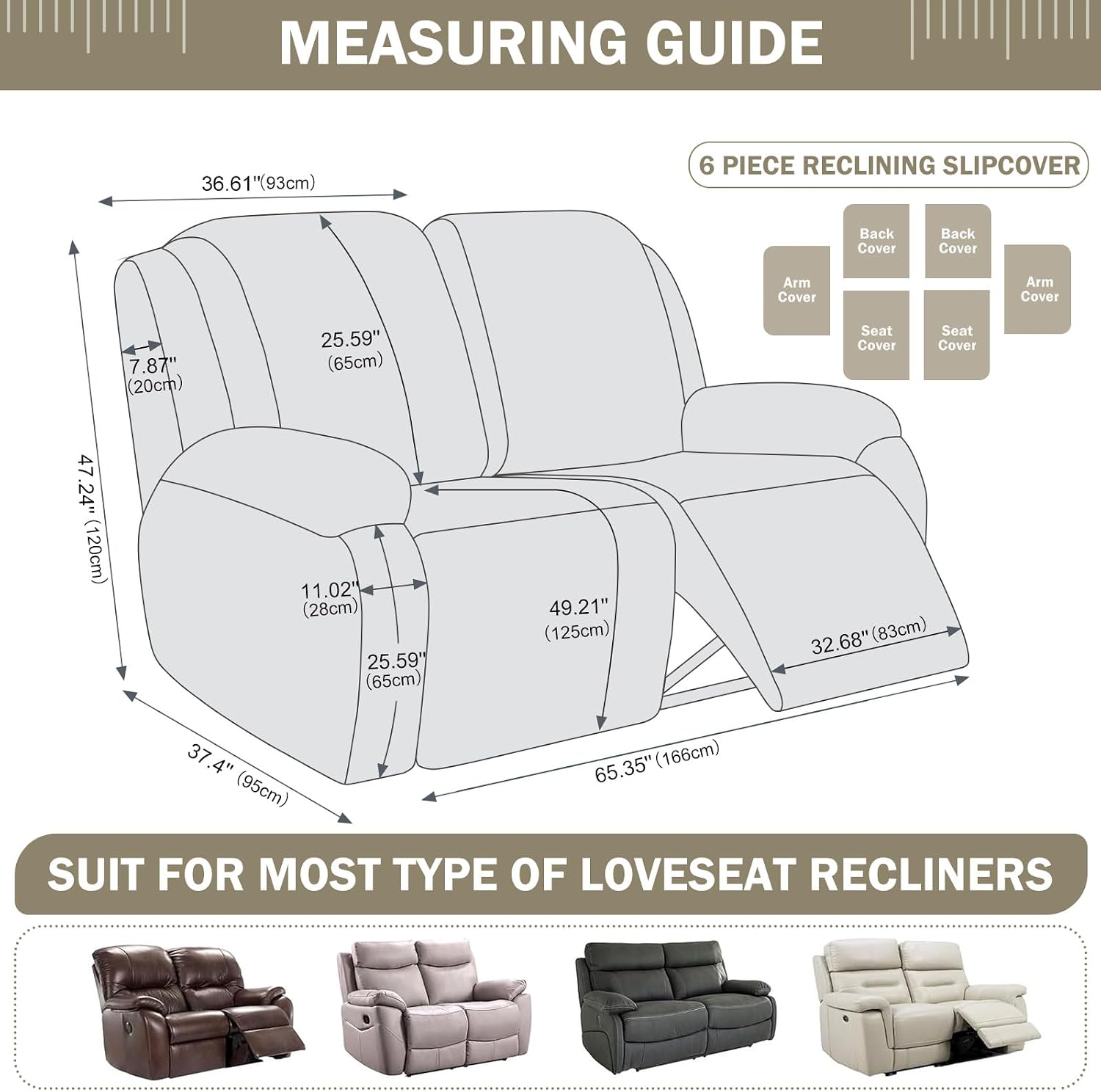 vctops 6 Pieces Cotton Linen Recliner Loveseat Slipcovers Rustic Stretch Soft Sofa Couch Cover Anti-Slip Furniture Protector with Elastic Bottom for Kids Cats Dogs (Beige Grey,2 Seat)