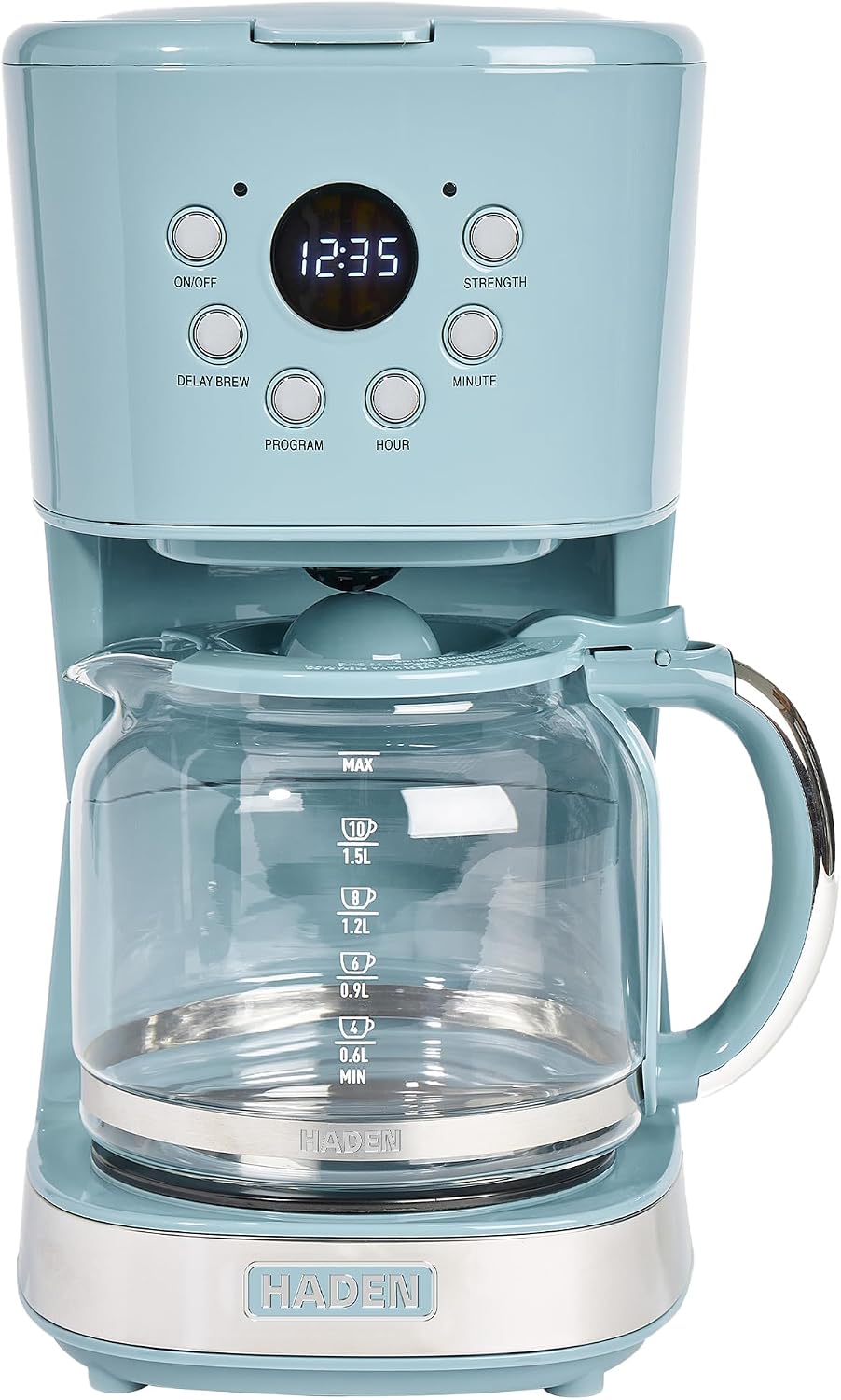 HADEN Brighton Coffee Machine, 12 Cup Programmable Drip Coffee Maker with Auto Shut-Off Function and Reusable Washable Water Filter, Sky Blue & Chrome