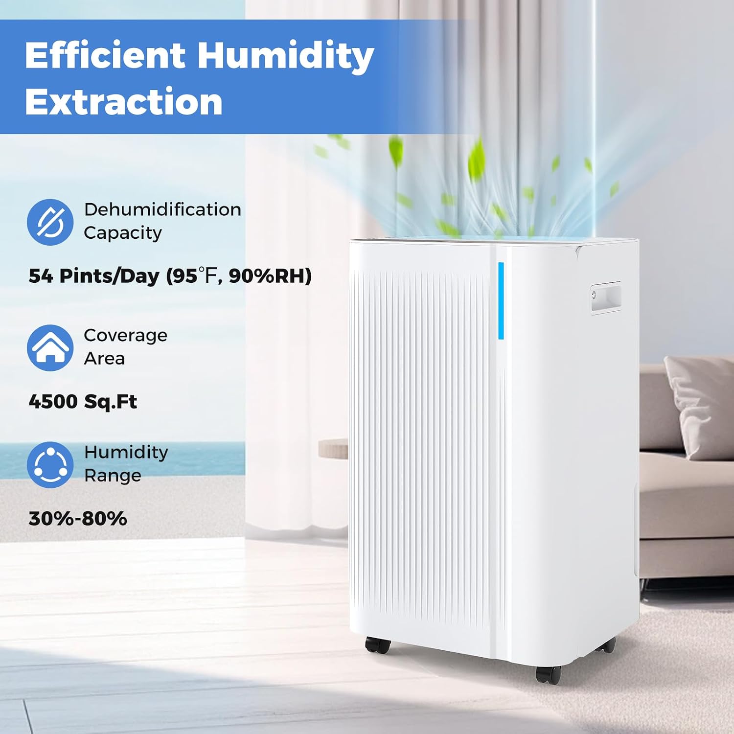COSTWAY 54 Pints Dehumidifier for Basement, 4500 Sq.Ft Portable Dehumidifier with Drain Hose, 1.1 Gal Water Tank, 3 Modes, 24 H Timer, 3-Color Light, Auto Defrost, Memory, Child Lock