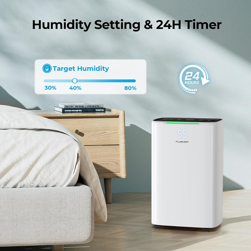 PLUSCENT 52 Pint Dehumidifier for Home and Large Basements, Up to 5000 Sq.Ft Coverage, Quiet 40dB, Continuous Drain Hose Included, Smart Humidity Control, 4 Modes, Auto Defrost, 24H Timer