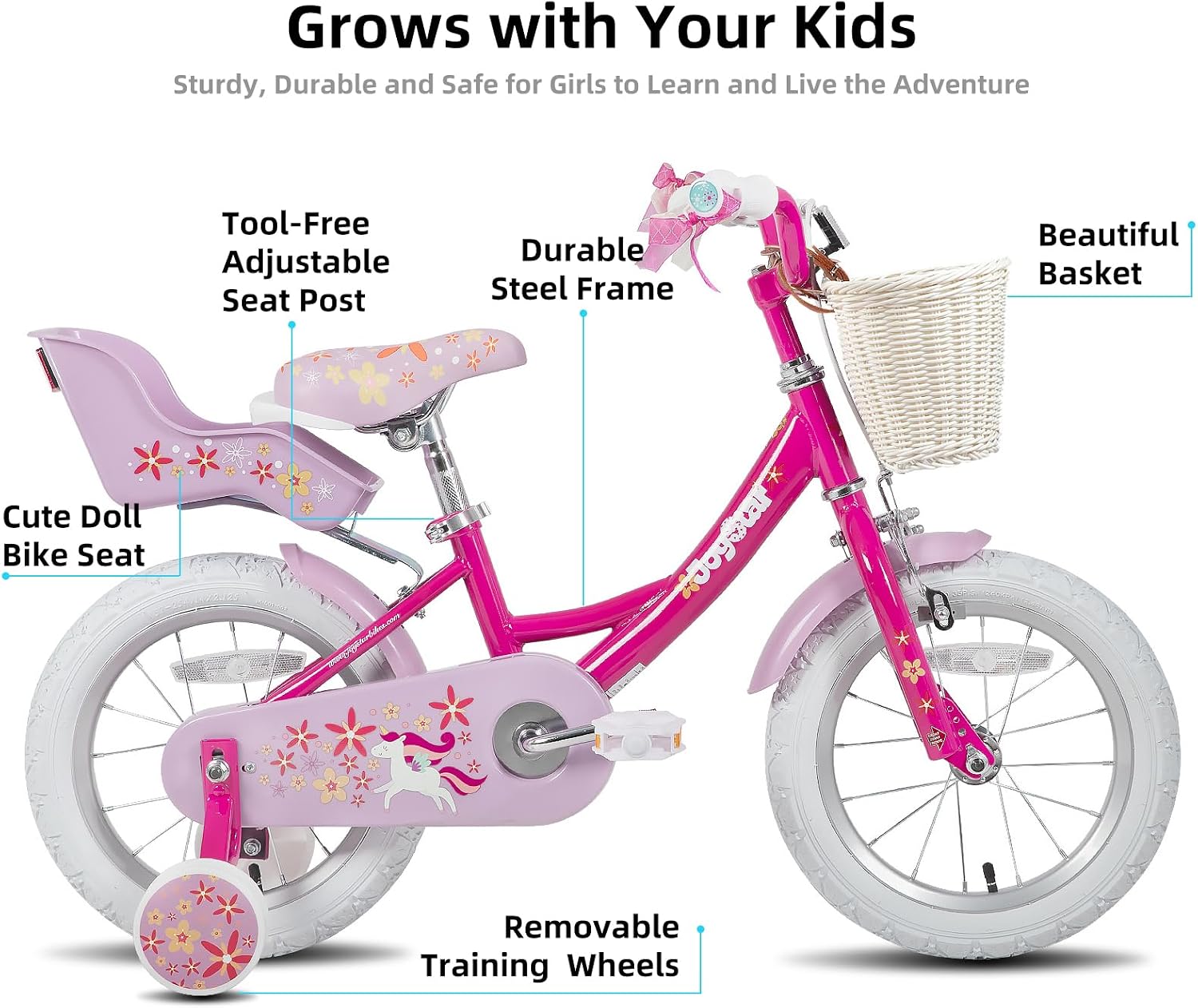 JOYSTAR Unicorn Kids Bike for Girls Ages 2-9 Years Old, 12 14 16 18 Inch Kids Bike with Training Wheels, Doll Seat, Streamers and Basket, Toddler Girl Bicycle, Multiple Colors