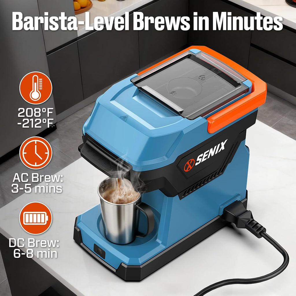 SENIX Portable Coffee Maker with 5000mAh Battery, Dual AC/DC Electric Coffee Machine for Car/RV/Camping, Cordless Outdoor Travel Brewer Compatible with Ground & ESE Pods, Included Cup