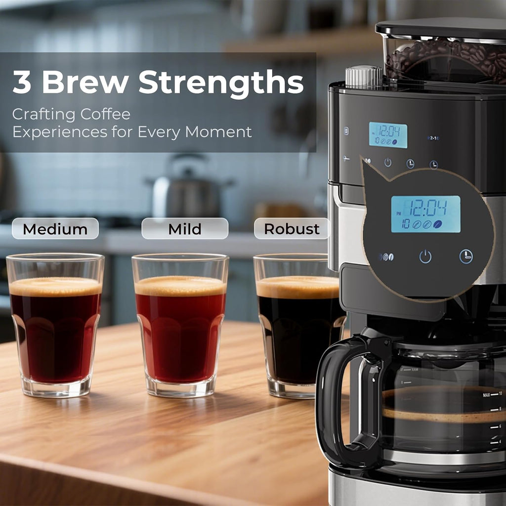 Drip Coffee Maker with Grinder Built In, 10-Cup Grind and Brew Coffee Machine Fully Automatic, Programmable with Brew Strength, Permanent Filter, Glass Carafe, 50oz Water Tank, Ideal for Home/Office