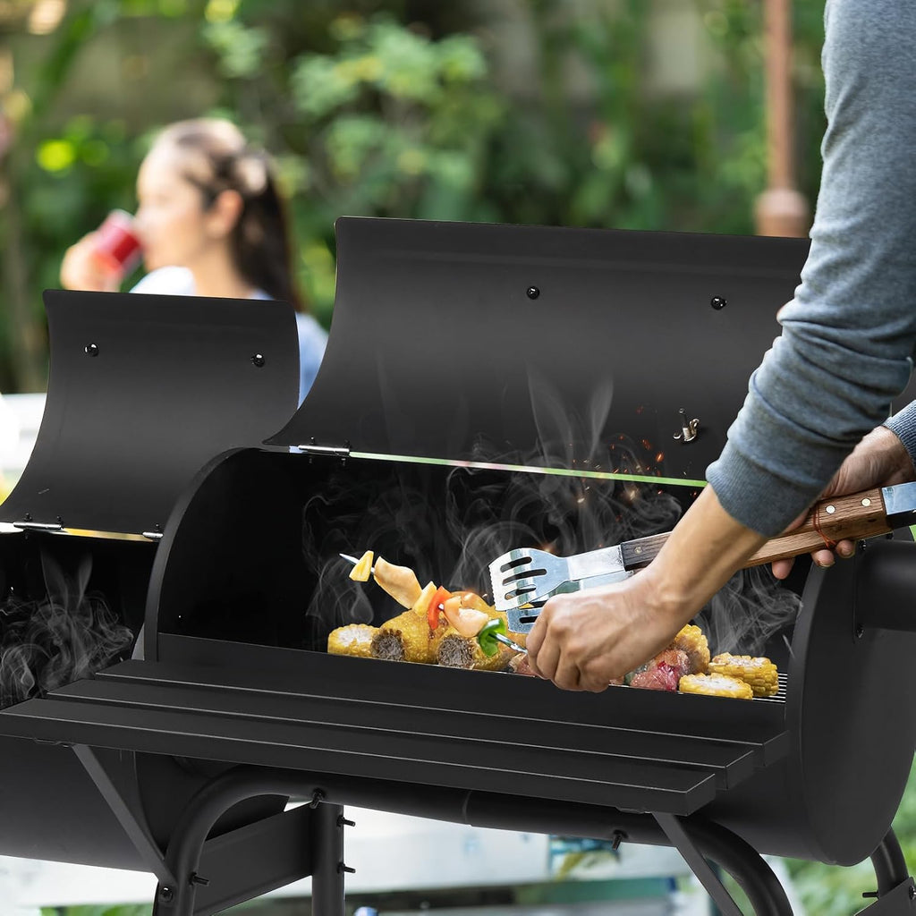 VINGLI Barrel Charcoal Grill with Offset Smoker, Large BBQ Outdoor Smoker Grill with Wheels for Party Garden Patio and Backyard Cooking 44 x 22 x 37 inch