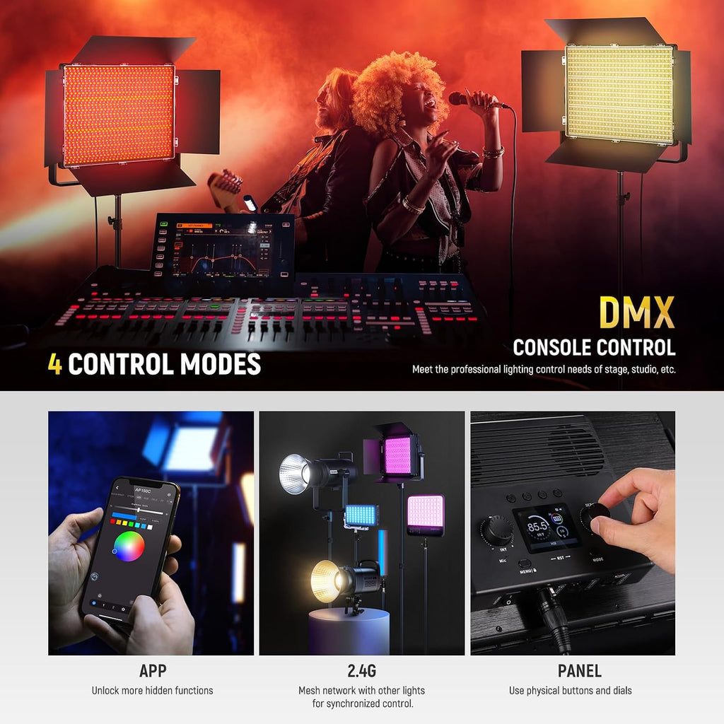 NEEWER 150W RGB LED Panel Video Light Kit with Barn Doors, 1800 LEDs 42500Lux/0.5m 2500K-10000K CRI96+/TLCI97+ 0-100% Dimming, APP/2.4G/Panel/DMX Control for Pro Studio Gaming Lighting, AP150C